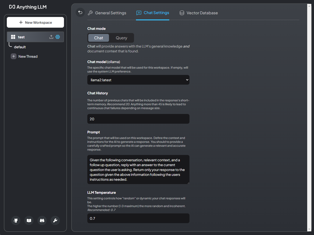 anythingllm test workspace chat setting