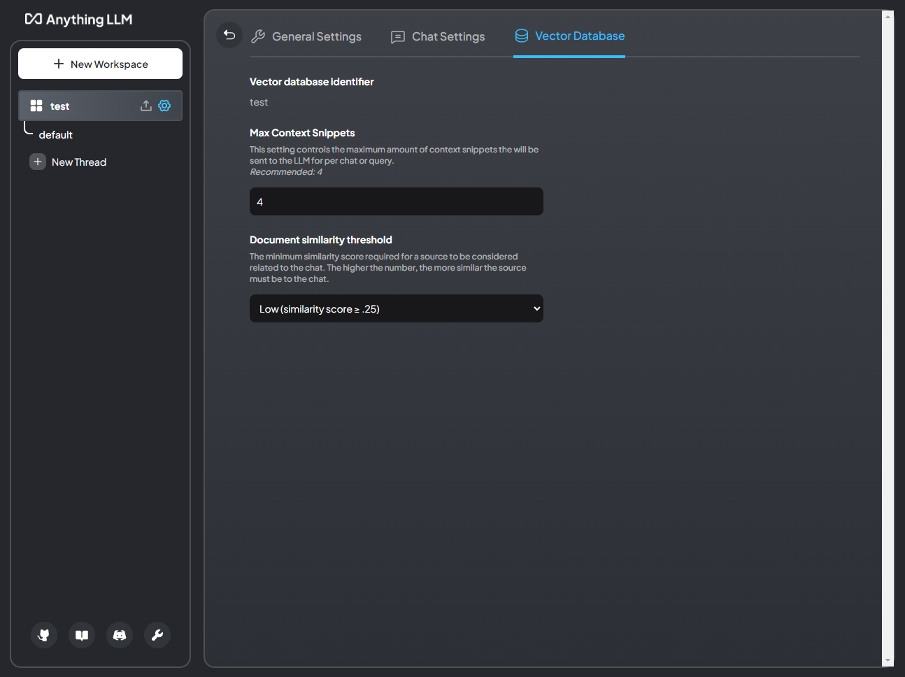 anythingllm test workspace vector database setting